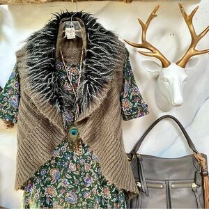 Alpaca vegan mink fur collar boho vest w cottage cabin longer cable knit back